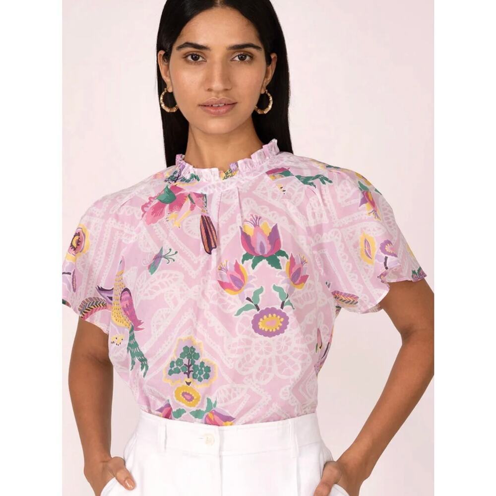 NWT Banjanan Joyful Blouse Top Folk Lace Lavender Floral Cotton Short Sleeves XS